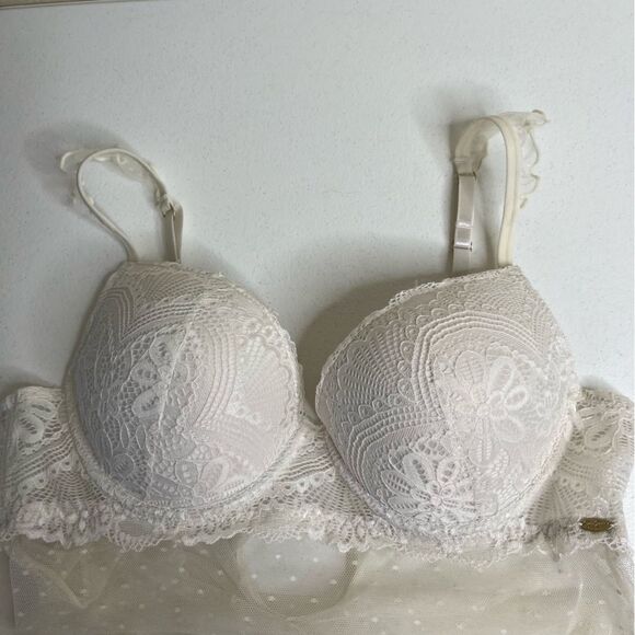 NWOT Jessica Simpson Stretch Mesh Dot Babydoll Cream Floral Lace Women Large - Picture 5 of 15